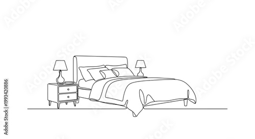 Minimalist Bedroom Line Art: Bed, Nightstand, and Lamps - Clean Design