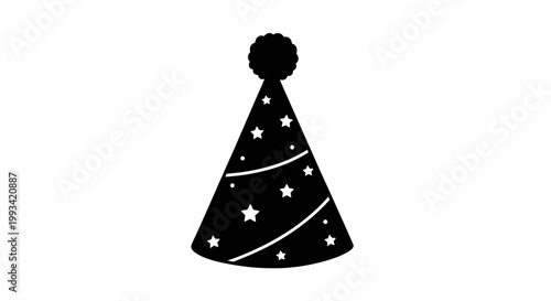 Black Party Hat with Stars and Pom Pom.