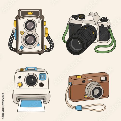 Vintage and Modern Camera Collection Set with Twin Lens Reflex Digital SLR Instant Film and Compact Film Cameras Photography Equipment Vector Icons