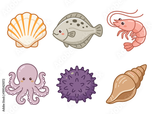 Cute Seafood and Marine Animal Vector Illustration Set with Scallop, Flounder, Shrimp, Octopus, Sea Urchin and Spiral Shell Isolated on White