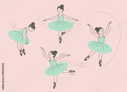 Graceful Ballerina Dancers in Mint Green Tutus Performing Classical Ballet Positions and Jumps, Elegant Dance Vector Illustration Collection