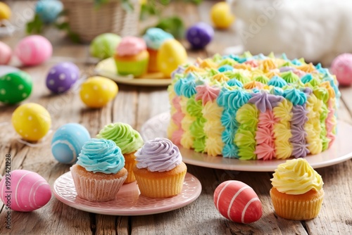 Colorful Dessert Table With Cupcakes and Decorated Eggs During Easter Celebra...