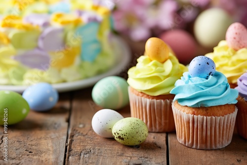 Colorful Dessert Table With Cupcakes and Decorated Eggs During Easter Celebra...