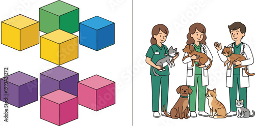 Colorful 3D cubes set and veterinarians with pets illustration, geometric shapes and animal healthcare professionals vector collection for education and design