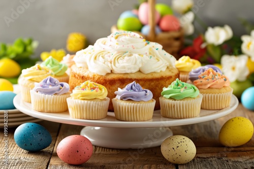 Colorful Cupcakes and a Cake With Frosting on a Table With Easter Decorations...