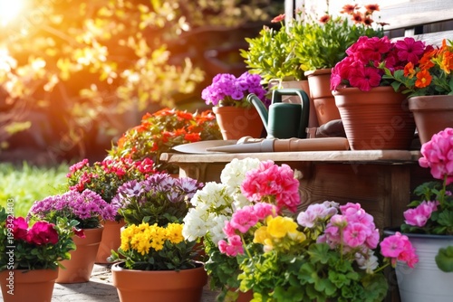 Flowers in Pots With Watering Can in Garden During Sunny Day