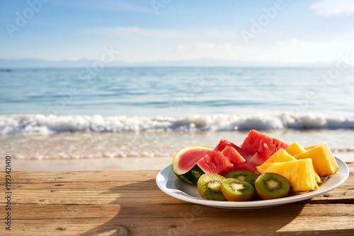 Fresh Fruit on a Plate by the Beach With Ocean Waves in the Background During...