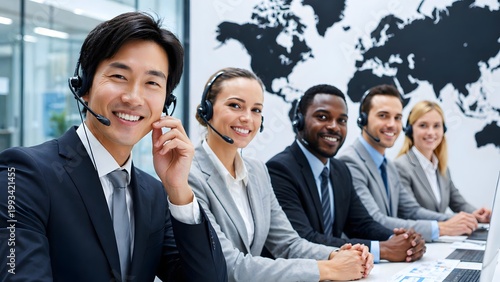 Global Customer Support Team Smiling with Headsets in Modern Office, copy space. Customer Service, Global Communication, Call Center Teamwork, Business Support, Corporate Communication