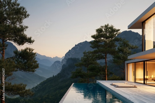 Modern House With Pool on a Mountain Edge During Twilight in a Natural Landscape