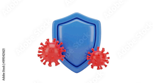 Vector illustration of 3d render of a blue shield protecting against red virus cells on a transparent background