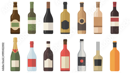 A minimalist black and white icon design of various wine and liquor bottles on a table