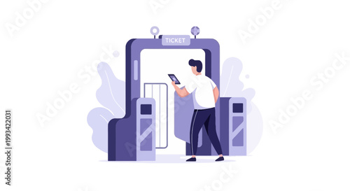 Young Man Using Mobile Phone at Ticket Entrance Gate