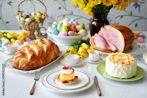 Easter Brunch With Various Pastries, Ham, and Flowers on a Table