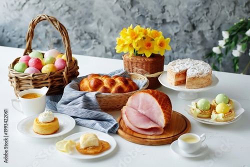 Easter Brunch With Various Pastries, Ham, and Flowers on a Table
