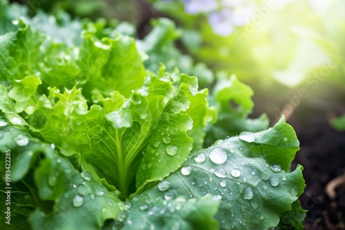 Fresh Lettuce Growing in a Garden With Water Droplets on Leaves Under Sunligh...