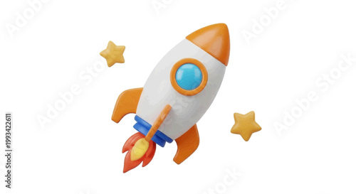 Vector illustration of 3d cartoon rocket ship flying in space on a transparent background