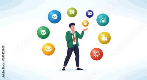 Businessman juggling multiple icons floating.