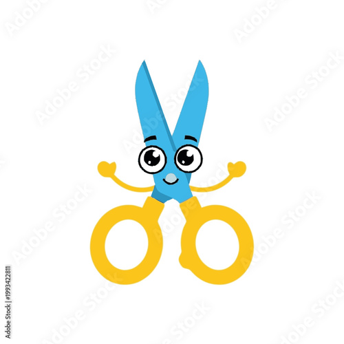 Cute cartoon scissors character with happy face.