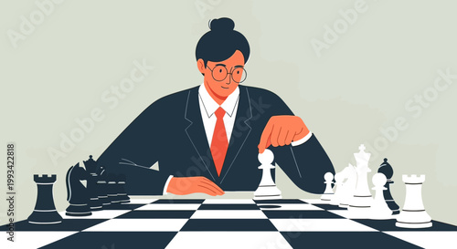 Businessman playing chess strategy game.