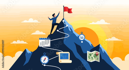 Businessman reaching mountain summit with flag.