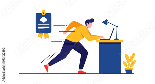 Businessman rushing to work on laptop.