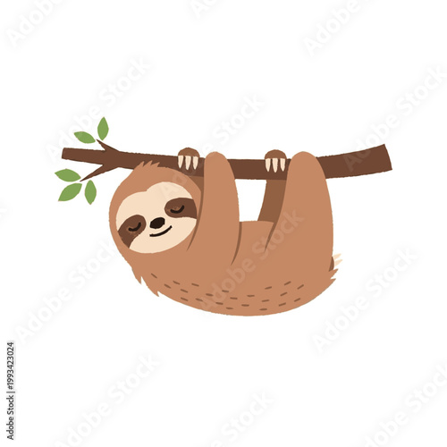 Cute cartoon sloth hanging from a tree branch.