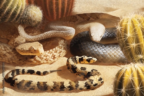 Snakes Resting Among Cacti in the Desert During Sunny Daylight Hours
