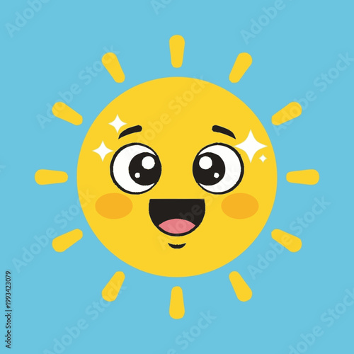 Cute cartoon sun with happy face and sparkling eyes.
