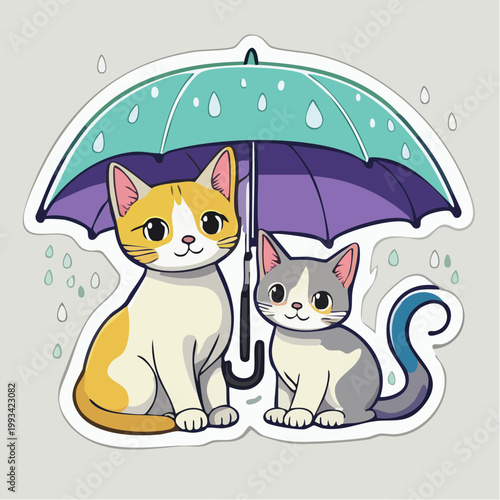 Two cute cats sheltering under an umbrella in the rain