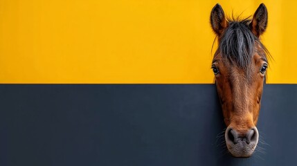 Brown horse head against a vibrant yellow and black background, showcasing the animal's features and mane in a close-up portrait style