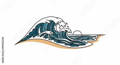 Stylized crashing ocean waves at sunset with a sandy shoreline