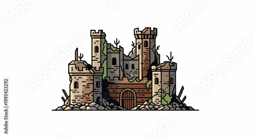 Stylized, crumbling medieval castle with mossy stones and broken towers, set against a white background