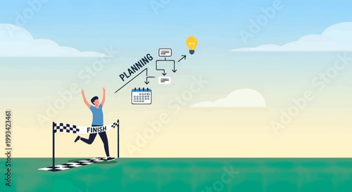 Man crossing finish line celebrating success.