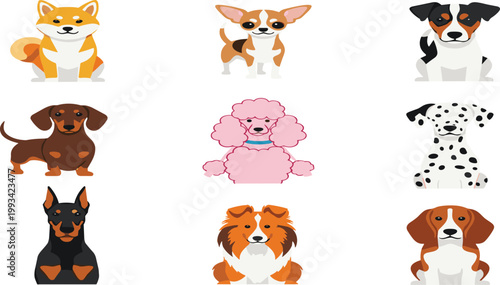 Cute Dog Breeds Illustration Set with Different Puppy Characters Including Shiba Inu, Chihuahua, Dachshund, Poodle, Dalmatian, and Other Pets for Animal Design and Mascot Collection.
