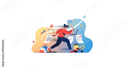 Man Holding Large White Arrow Graphic.