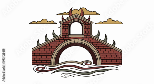 Stylized brick bridge with arched opening, sharp decorative elements, and wavy water below