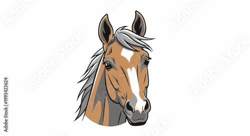 Stylized brown and white horse head with flowing gray mane and white blaze
