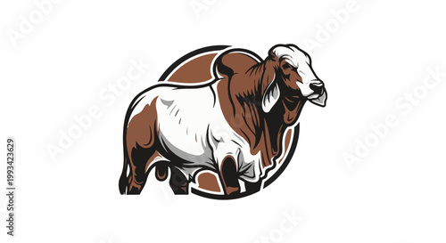 Stylized brown and white bull with a hump, set against a circular emblem