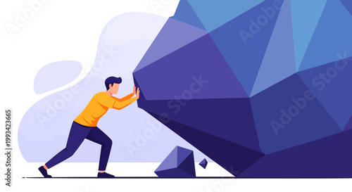 Man pushing large geometric blue object.