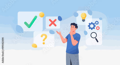 Man thinking with question marks symbols.