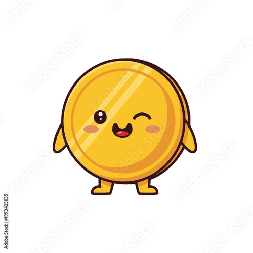 Cute Golden Coin Character Winking with Happy Expression.