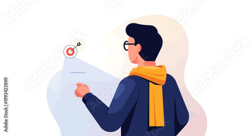 Man wearing glasses and scarf pointing.