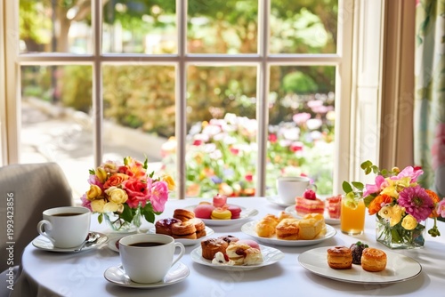 Enjoying Pastries and Tea During a Gathering With Flowers on the Table Near a...
