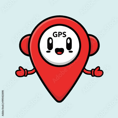 Cute GPS location pin character with happy face.