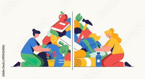 People sorting colorful recyclable materials.