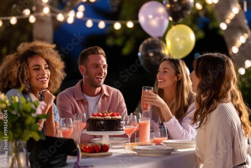Friends Celebrate at a Party With Food and Drinks Under String Lights at Night