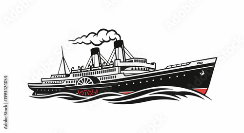 Stylized illustration of a vintage steamship with paddle wheels moving through waves