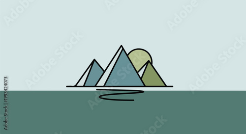 Stylized geometric mountains reflect in calm water under a soft sun