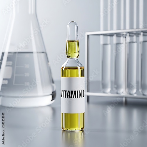 Vitamin c ampoule on laboratory table with beakers and test tubes