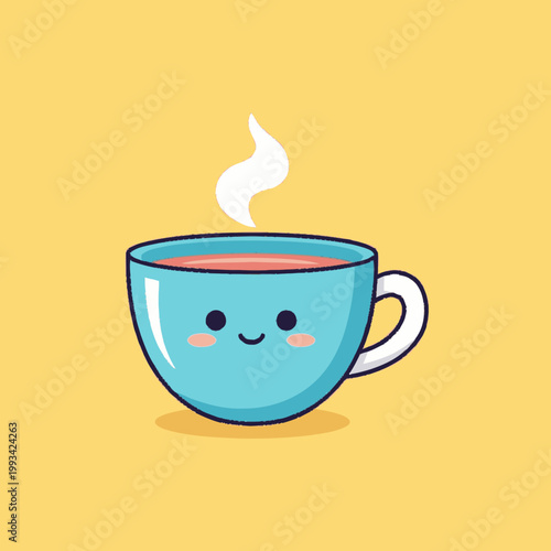 Cute Kawaii Coffee Cup with Steam and Happy Face.
